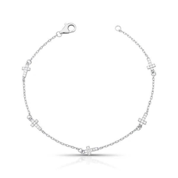 Pulseira Fininha com 5 Cruzinhas Cravejadas em Prata 925