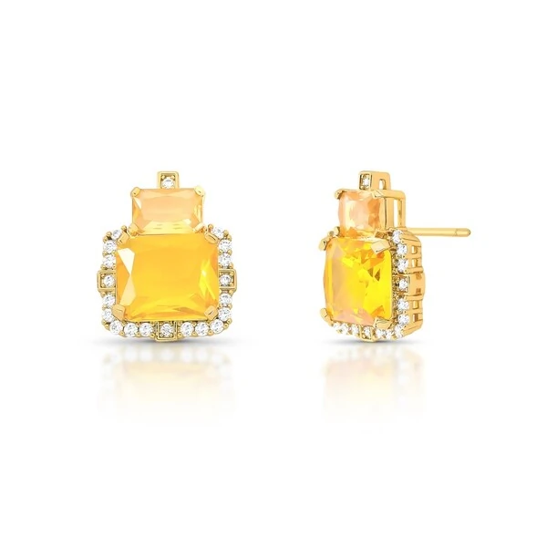 Brinco Retangular com 2 Citrinos e Zircônias em Dourado