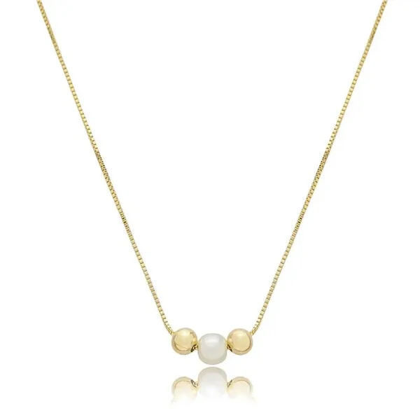 Colar com 2 Bolinhas Douradas e 1 Perolinha em Dourado