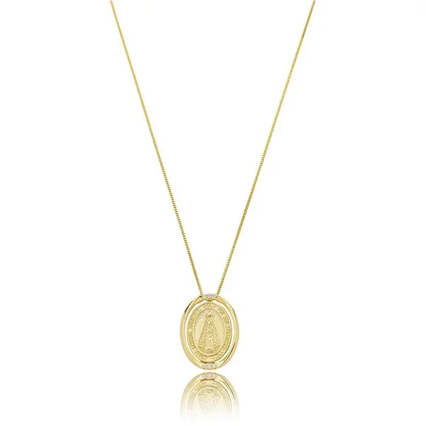 Colar com Pingente Oval N Sra Aparecida com Zircônias em Dourado