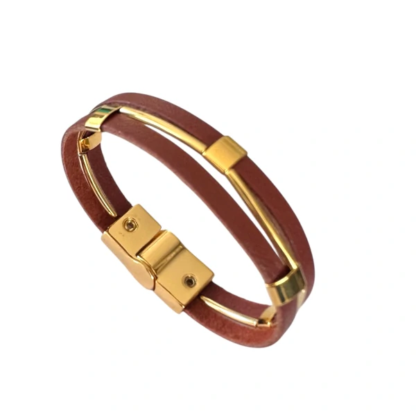 Bracelete Couro com Entremeios Dourados