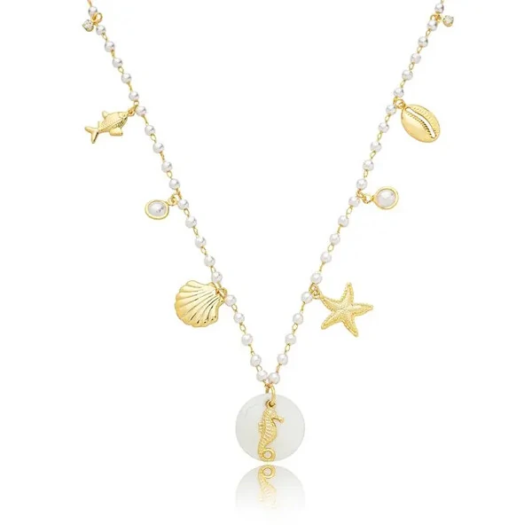Colar Pérolas com Pingentes Pérola, Madrepérola e Dourado em Dourado