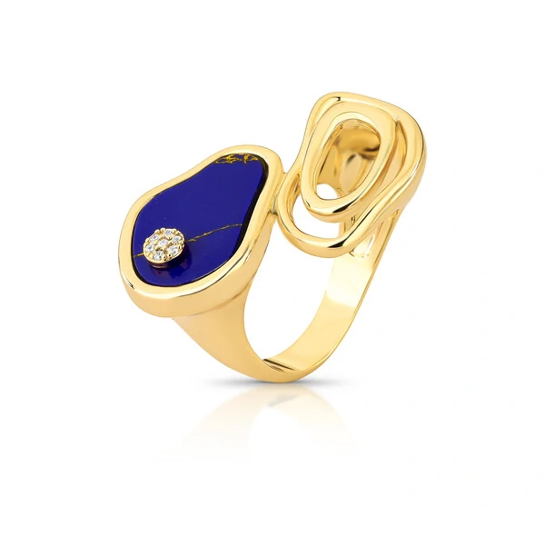 Anel Orgânico com Lápis Lazzulli e Zircônias em Dourado
