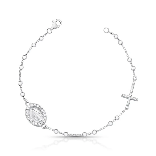 Pulseira Bolinhas com Nossa Senhora e Cruz Cravejada com Zircônias em Prata 925