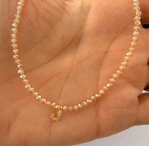 Colar Cristal Dourado com Letra Inicial Cravejada com Zircônias em Dourado