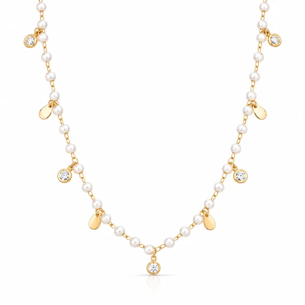 Colar Perolinhas com Zircônias Penduradas em Dourado