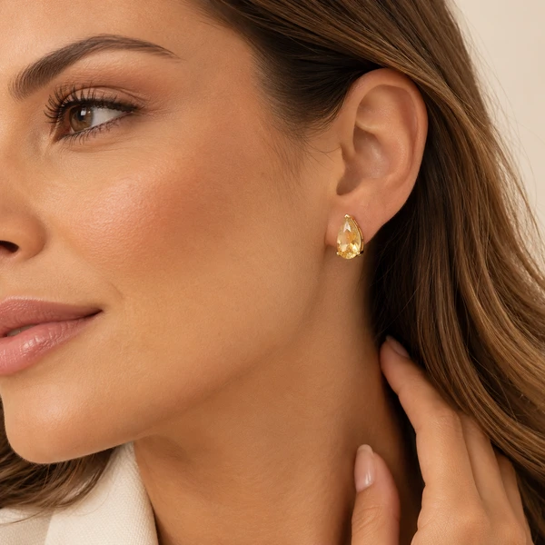 Brinco Gota Longa Citrino em Dourado