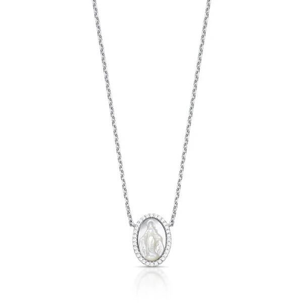 Colar Nossa Senhora das Graças em Madrepérola com Zircônias na Prata 925