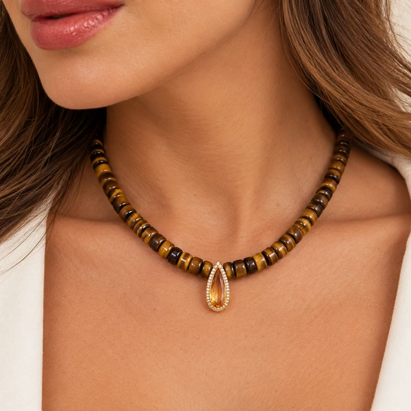 Colar Olho de Tigre com Pingente Citrino em Dourado
