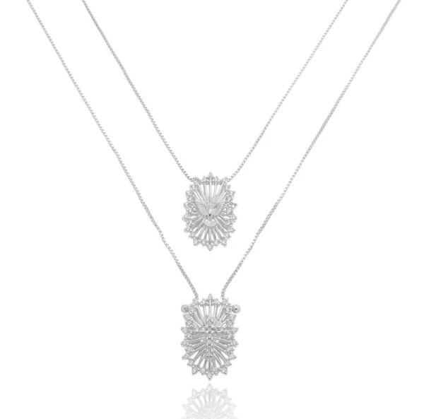 Escapulário Cruz Raiada e Espírito Santo Retangular com Zirconias em Ródio