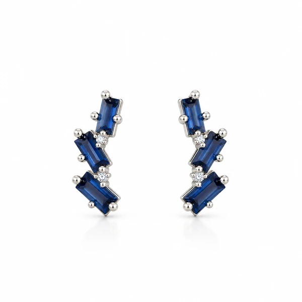 Brinco Earcuff Baguetes Safiras em Rodio