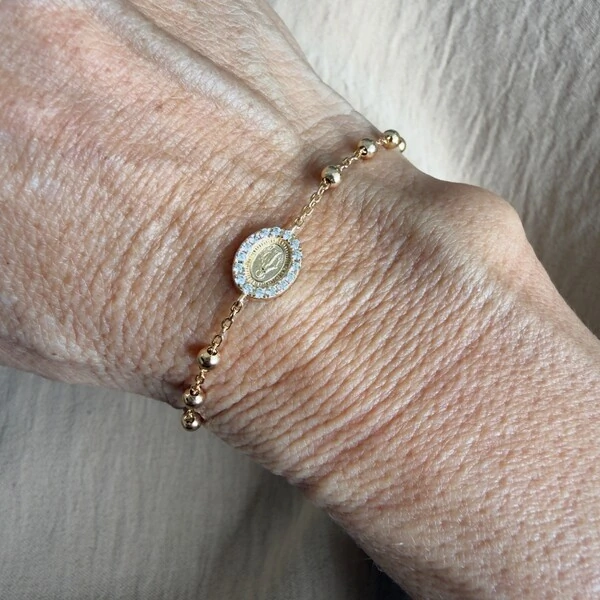 Pulseira Bolinhas com Nossa Sra Das Graças em Prata 925 + Banho de Ouro