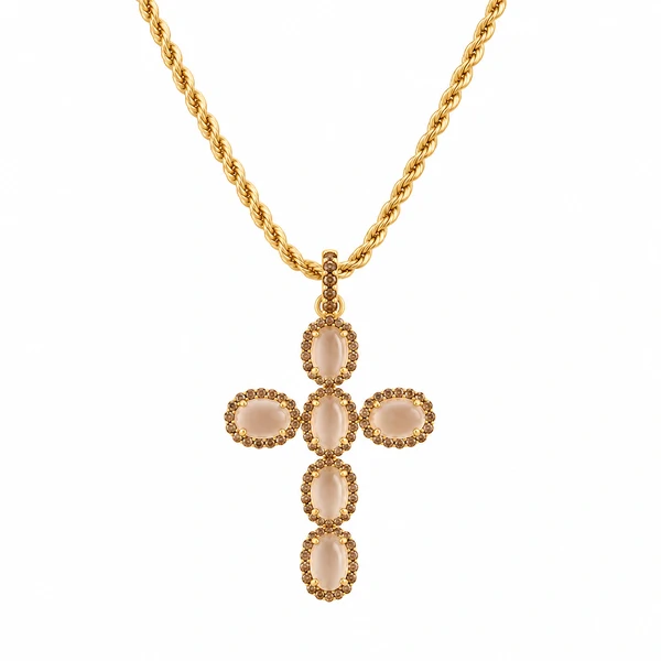 Colar Cruz com Morganita em Dourado