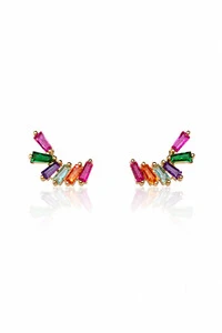 Brinco Earcuff Pequeno com Baguetes Zircônias Coloridas Ouro 18k