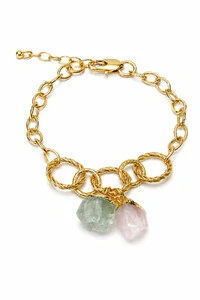 Pulseira Elos Pedra Natural Quartzo Rosa e Ágata Verde Ouro 18k