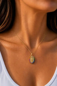 Colar NSra das Graças Zircônias Coloridas Ouro 18k