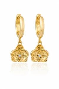 Brinco Argolinha Pingente Orquídea Ouro 18k