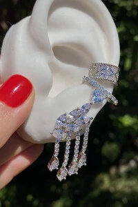 Brinco Earcuff Zircônias Franjas Ródio Branco