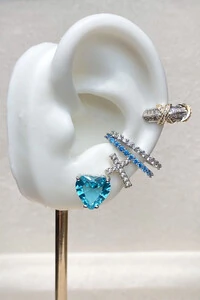 Fake Piercing Earhook Zircônias Azuis Ródio Branco