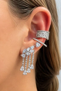 Brinco Earcuff Zircônias Franjas Ródio Branco