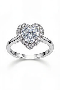 Anel Coração Moissanite 7x7 MM Prata 925 Ródio Branco