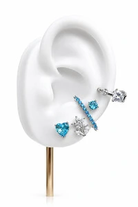 Fake Piercing Earhook Zircônias Azuis Ródio Branco