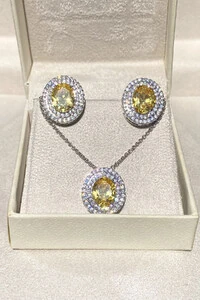 Conjunto Oval Zircônias Yellow Fancy Ródio Branco