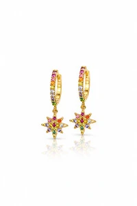Brinco Argolinha Pingente Estrela Zircônias Coloridas Ouro 18k