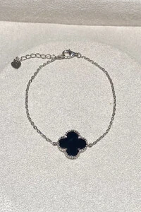 Pulseira Trevo Onix M Prata 925 no Ródio Branco