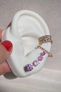 Brinco Earcuff Pink Zircônia Ouro 18k