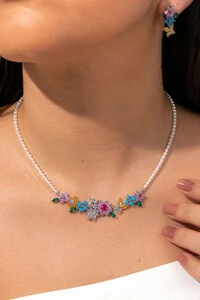 Conjunto Flores e Pérolas Zircônias Ródio Branco