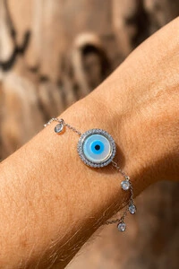 Pulseira Olho Grego Redondo Madrepérola e Zircônias Prata 925 em Ródio Branco