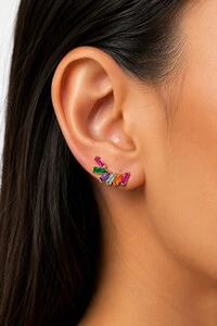 Brinco Earcuff Pequeno com Baguetes Zircônias Coloridas Ouro 18k