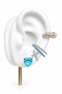 Fake Piercing Earhook Zircônias Azuis Ródio Branco