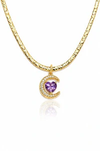 Colar Choker Pingente Lua e Coração Rosa Zircônia