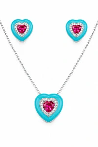 Conjunto Coração Esmaltado Prata 925 Ródio