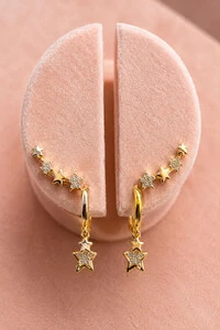 Brinco Earcuff Estrelas com Zircônias Ouro 18k