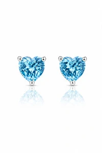Brinco Ponto luz Coração 6MM Aqua Marine Zircônia Ródio Branco