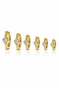 Brinco Trio Argolinha Click Coração Zircônia de Bolinhas no Ouro 18k