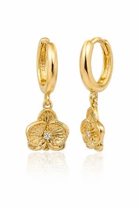 Brinco Argolinha Pingente Orquídea Ouro 18k