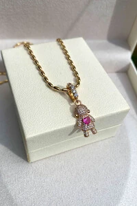Pingente Menina Coração Pink Ouro 18k