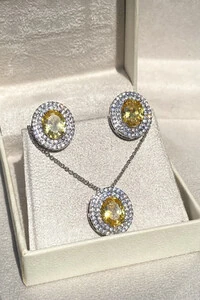 Conjunto Oval Zircônias Yellow Fancy Ródio Branco