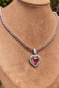 Pingente Coração Rosa Zircônias Ródio Branco