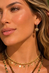 Brinco Argolinha Pingente Estrela Zircônias Coloridas Ouro 18k