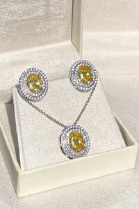 Conjunto Oval Zircônias Yellow Fancy Ródio Branco