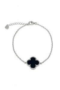 Pulseira Trevo Onix M Prata 925 no Ródio Branco