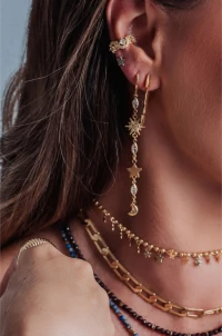 Brinco Argola Fio Estrela e Lua Ouro 18k