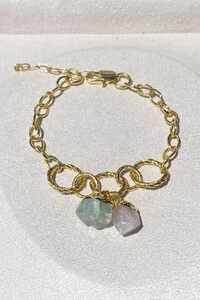 Pulseira Elos Pedra Natural Quartzo Rosa e Ágata Verde Ouro 18k