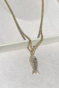 Colar Corrente Pingente Peixe Zircônias Dourado