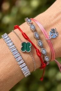 Pulseira Cordão Rosa Pingente Trevo Prata 925
